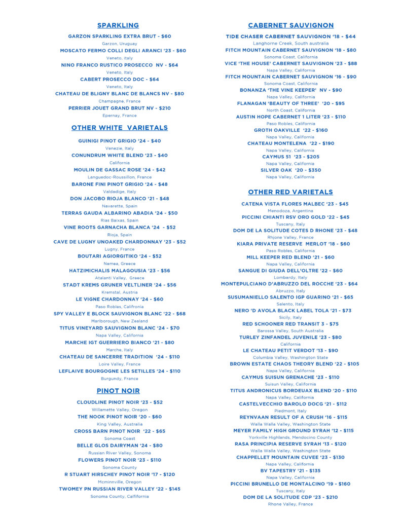 Wine List at Neos
